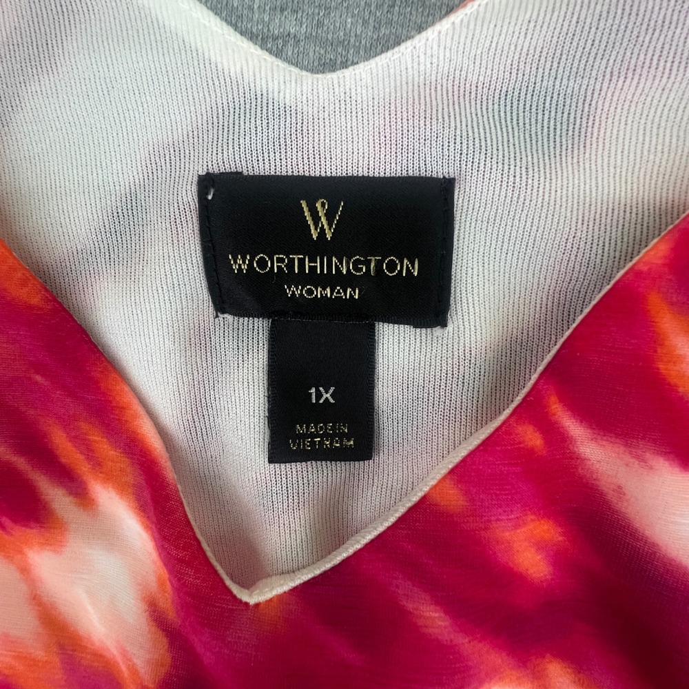 Worthington Blouse Women 1X Red Pink Tie Dye V-Neck 3/4 Sleeve Chiffon Lined - Picture 2 of 5